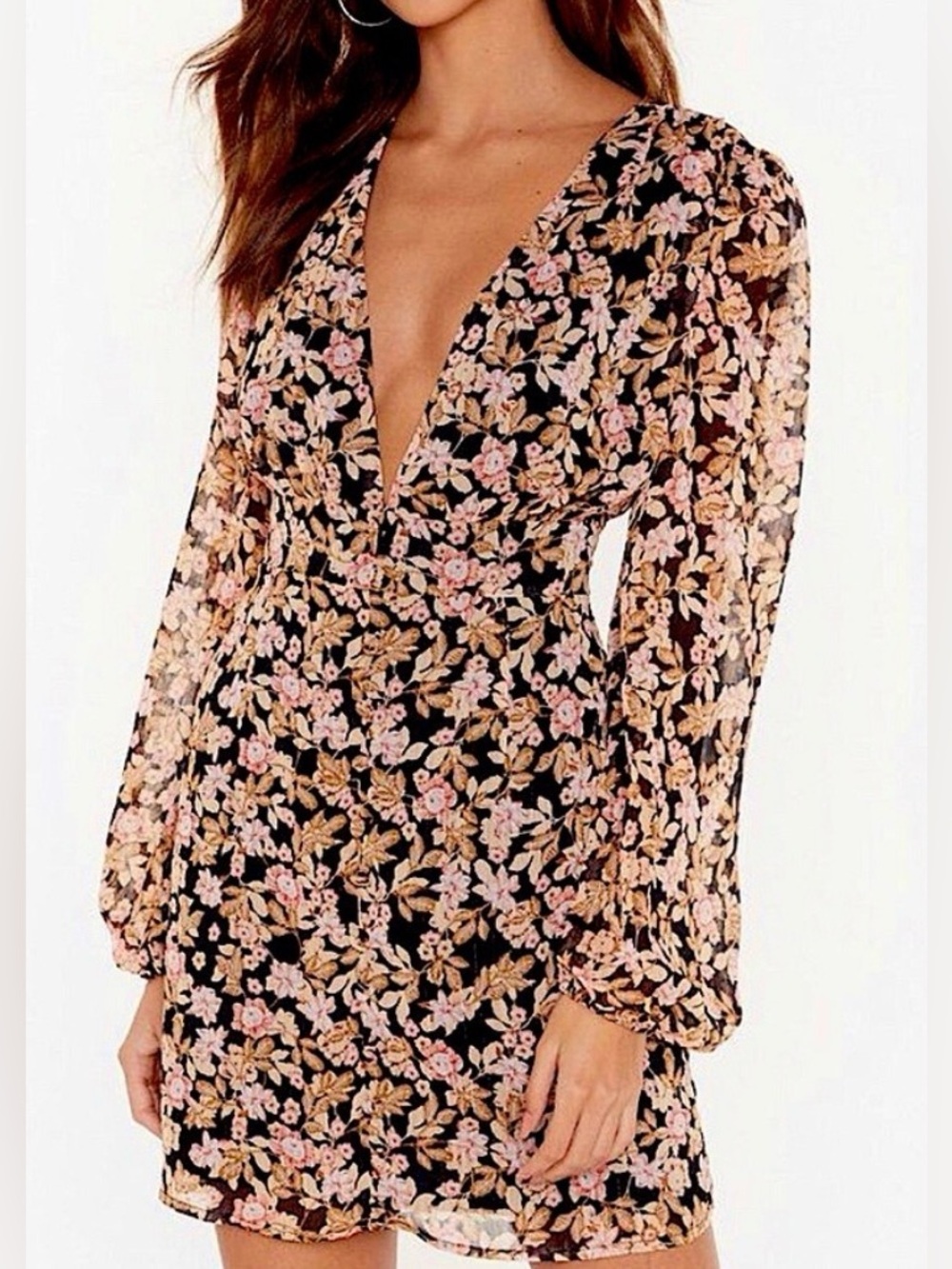 NWT Nasty Gal Floral V-Neck Long Sheer Sleeve Mini Dress Pink Cream Size 4